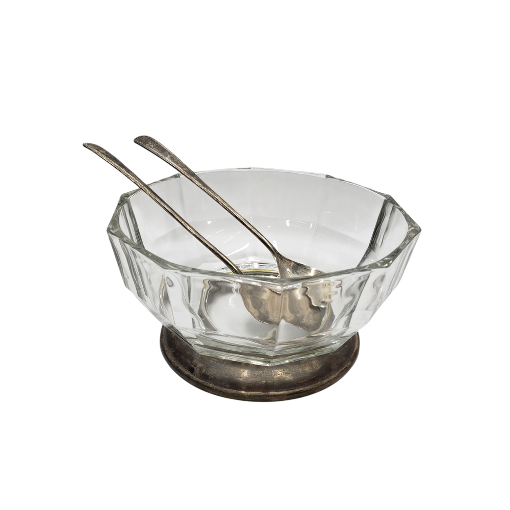 Vintage Elegant Glass Bowl  Plated Base Salad Serving Fork Spoon
